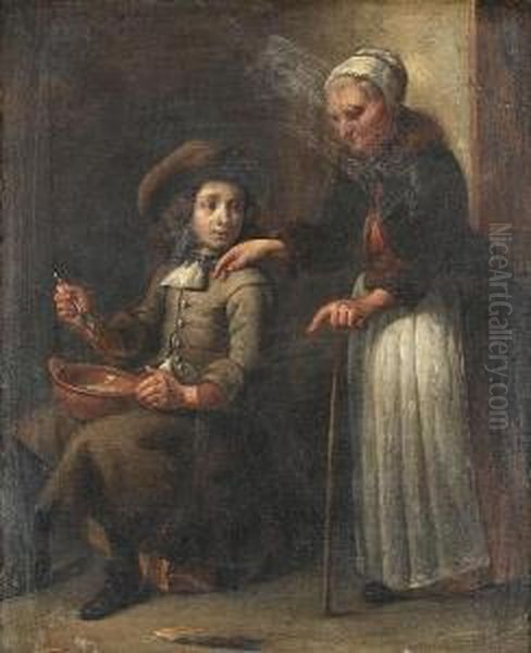 A Peasant Interior With An Old Woman And A Young Boy Eating Oil Painting by Abraham Willemsens