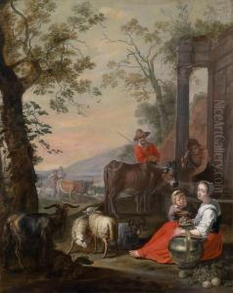 Una Famiglia Di Pastori In Sosta Di Fronte A Una Rovina Ricoperta Di Piante Oil Painting by Abraham Willemsens