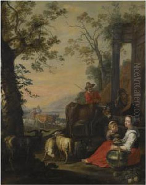 A Landscape With A Herder And His Family Resting By Classical Ruins Oil Painting by Abraham Willemsens