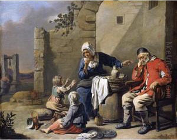 A Family Resting Before A House, With A Mother Silencing Her Children Whilst Her Husband Sleeps Oil Painting by Abraham Willemsens