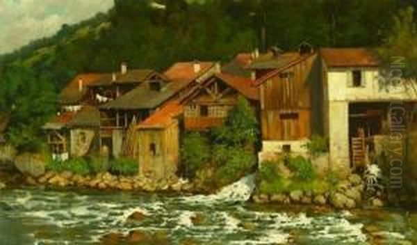 River Town Oil Painting by Michel Willenigh