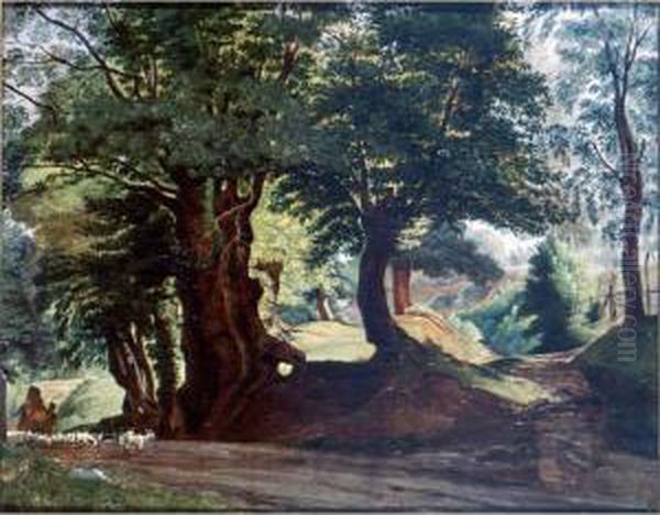 A Wooded Lanscape With Goats On A Path Near Ariccia Oil Painting by Ernst Willers