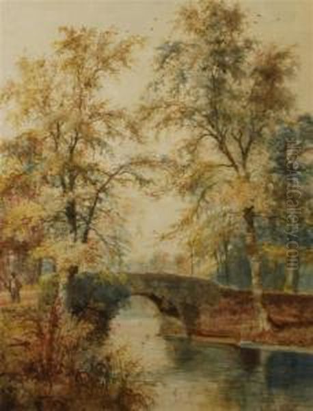 Autumnal River Scene With Stone Bridge And A Fisherman Oil Painting by Arthur Willett