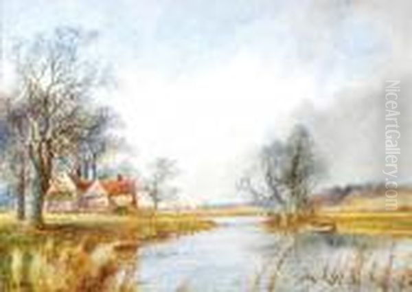 Farmhouse By A River; Sheep By A Stream Oil Painting by Arthur Willett