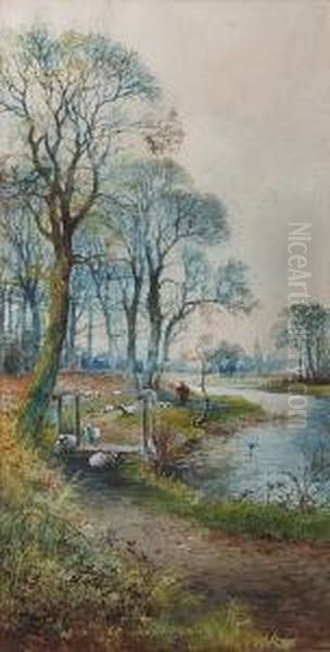 Drover And Sheep On A Riverside Path by Arthur Reginald Willett