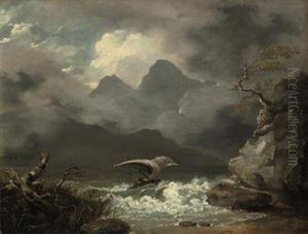 A Mountainous Coastal Landscape With A Sailing Boat Off A Rocky Shore Oil Painting by William Hodges