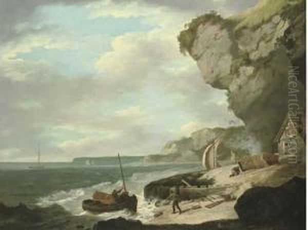 Coastal Scene With Fishermen On A Beach In The Foreground Andsailing Boats Beyond by William Hodges