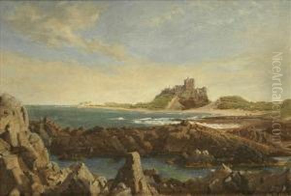 A Coastal View With A Castle In The Distance Believed To Be Bamburgh Castle Oil Painting by Nicol William W