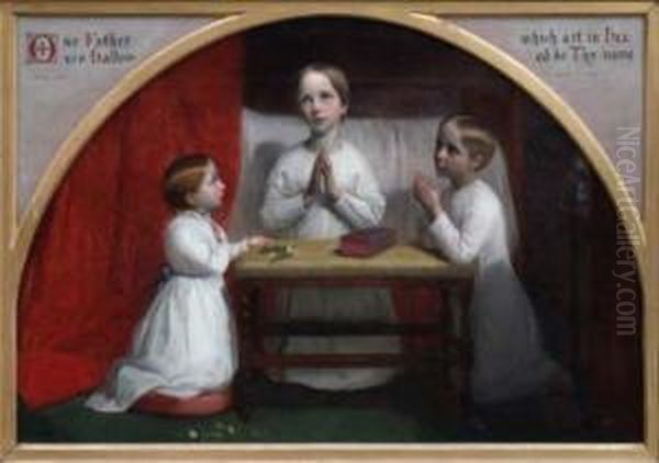 Portrait Ofthree Young Children Kneeling Oil Painting by A. Sheldon Williams