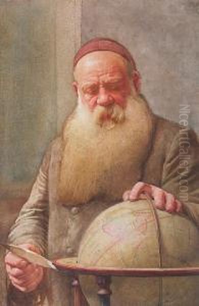 An Elderly Man Studying A Globe Oil Painting by Benjamin Williams