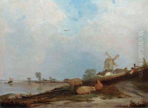 Shepherd With Sheep By Riverside Near A Post Mill Oil Painting by E. C. Williams