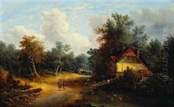 A Rural Landscape With Two Figures On A Path By A Cottage Oil Painting by E. C. Williams