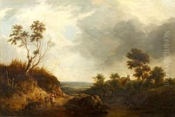 Figures In An Extensive Landscape Oil Painting by Edward Jr Williams