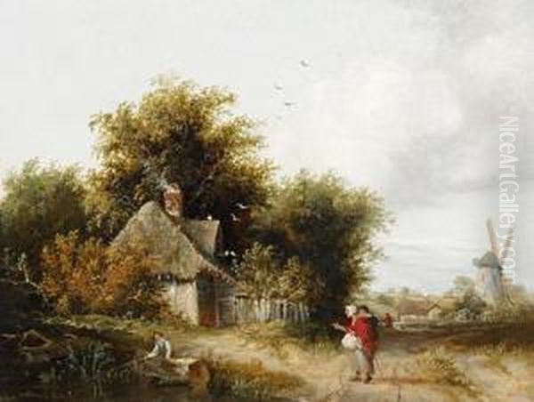 A Country Scene With Figures By A Pond And A Windmill In The Distance Oil Painting by Edward Charles Williams