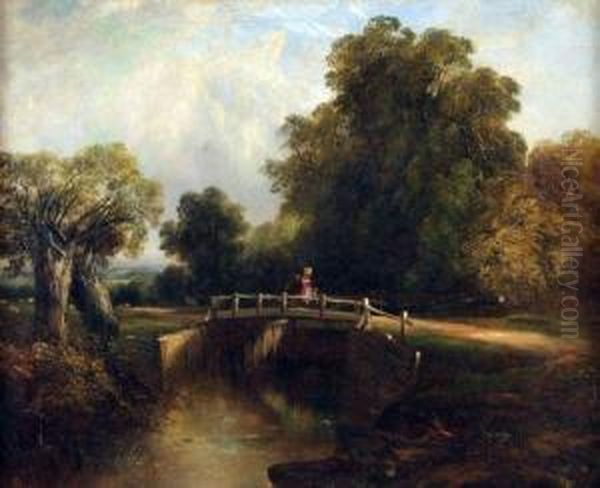 River Landscape With Figure Group On A Bridge Oil Painting by Edward Charles Williams