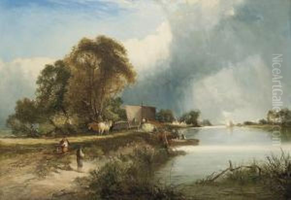 A Busy Day Along The River Oil Painting by Edward Charles Williams