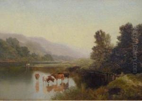 Cattle In A Stream Oil Painting by Edward Charles Williams