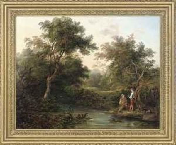 A Wooded River Landscape With Figures Fishing Oil Painting by Edward Charles Williams