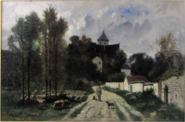 French Village With Shepherd And Flock Oil Painting by Frederick Dickinson Williams