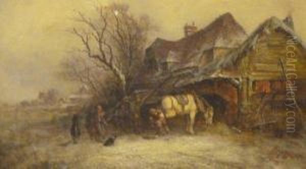 Reshoeing The Horse In Winter Landscape Oil Painting by George Augustus Williams