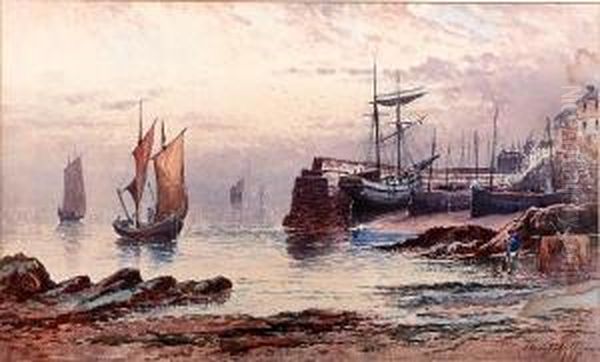 Cornish Harbour Scene Oil Painting by Harry J. Williams