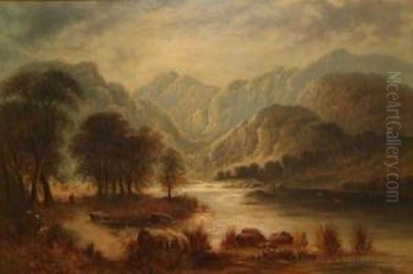 Figure In A Mountain River Landscape Oil Painting by Henry Williams