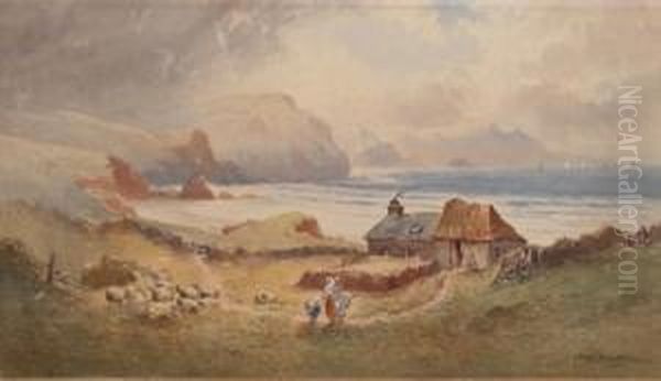 Coastal Scene With Farm Andflock Of Sheep Oil Painting by Henry Williams