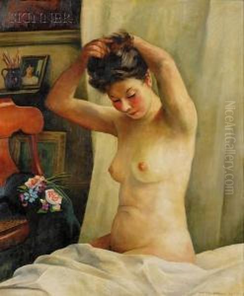 Interior Scene With Female Nude Oil Painting by Keith Shaw Williams