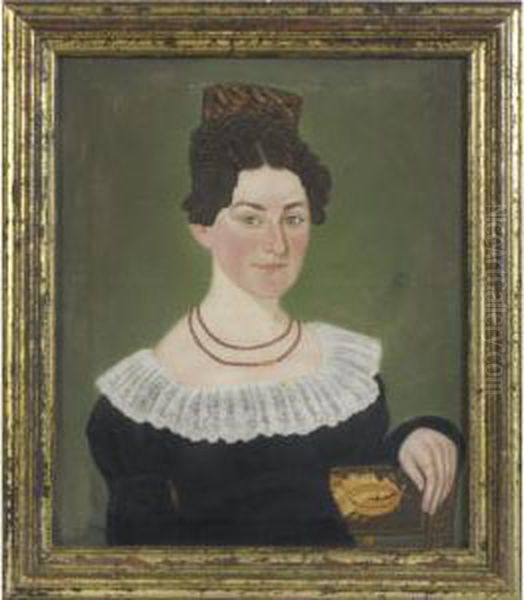 Portrait Of A Young Lady With Tortoise Shell Comb, Coral Beads Seated In A Grain-painted Stencilled Fancy Chair Oil Painting by Micah Williams