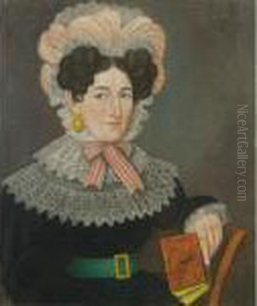 Woman Holding A Book And Wearing A Lace Hat With A Pink Ribbon Oil Painting by Micah Williams