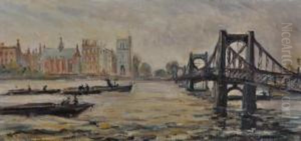 Barges On A River Oil Painting by Terrick John Williams