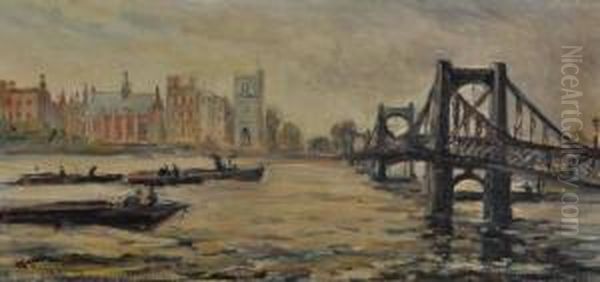 Boats Near Old Lambeth Bridge Oil Painting by Terrick John Williams