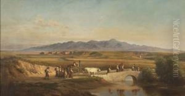 Italian Landscape Withfigures Crossing A Bridge Oil Painting by Virgil Williams