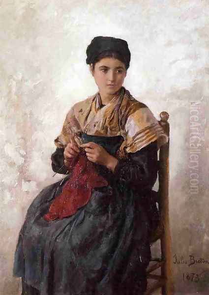 Young Woman Knitting Oil Painting by Jules Breton