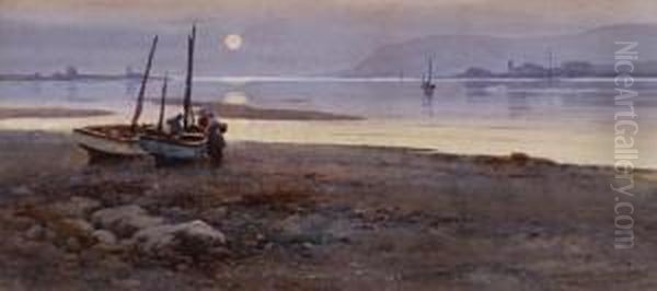 Fishergirls On The Shore At Dusk Oil Painting by Warren Williams