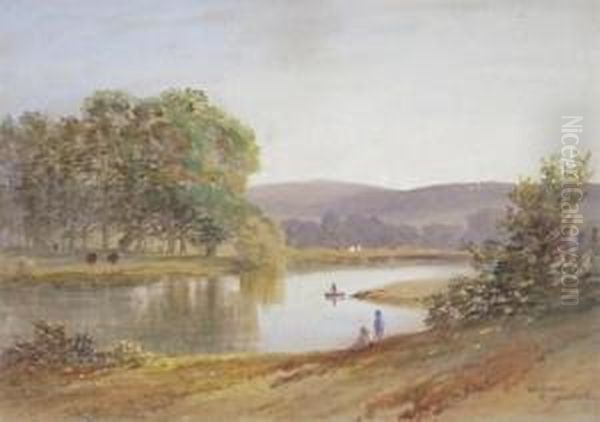 Figures In A River Landscape Oil Painting by William Williams