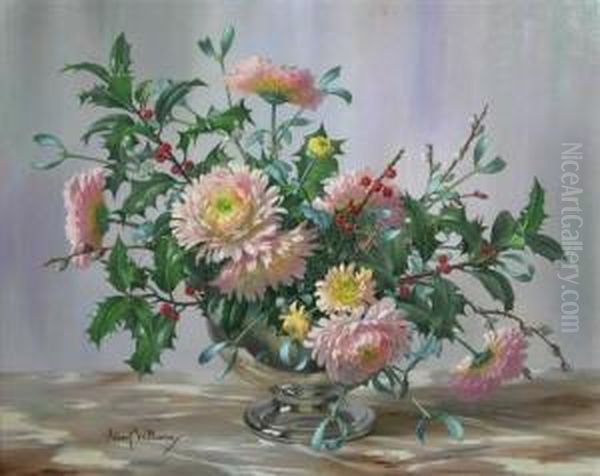 Still Life Of Chrysanthemum And Holly Oil Painting by Albert Curtis Williamson