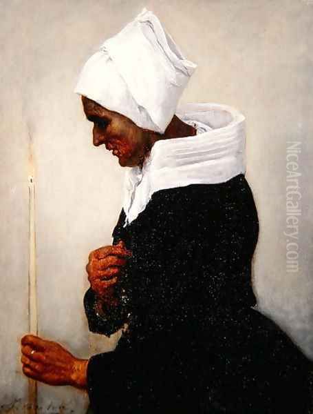 Breton Peasant Woman Holding a Taper, c.1869 Oil Painting by Jules Breton