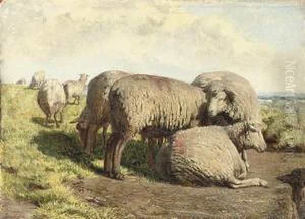 Sheep Grazing In A Landscape Oil Painting by Daniel Alexander Williamson