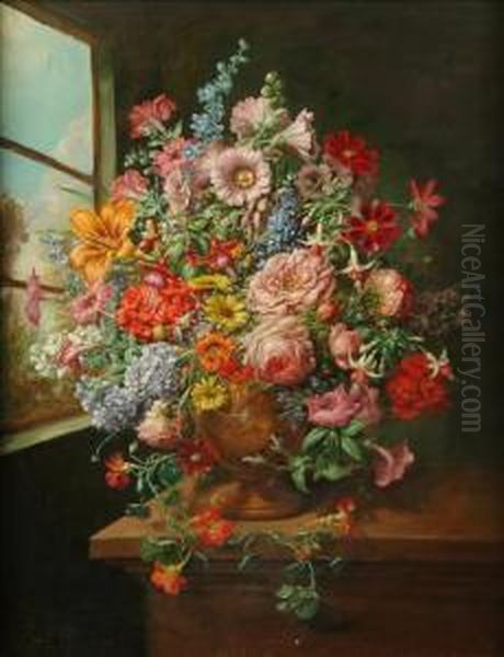 Still Life Of Summer Flowers In An Urn On A Ledge Oil Painting by Samuel Williamson