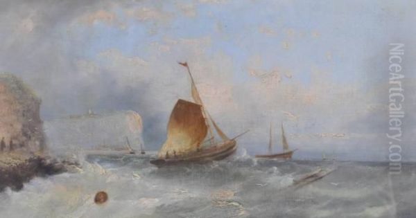 Fishing Vessels Off The Coast On Rough Seas Oil Painting by William Harry Williamson