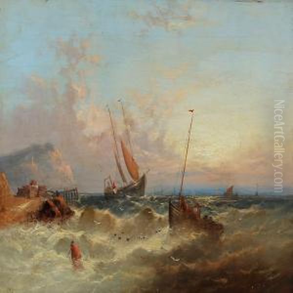 Fishing Ships Along A Coast Oil Painting by William Harry Williamson