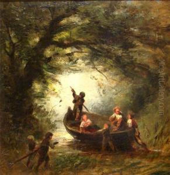 Bewaldeter Flusslauf Mit Kindern, Beim Ablegen Ihres Ruderbootes Oil Painting by Winck Willibald