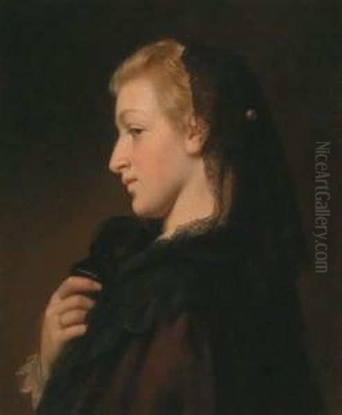 Profilportrait Einer Jungen Frau Mit Schwarzem Spitzentuch Und Maske In Der Hand Oil Painting by Caesar Willich