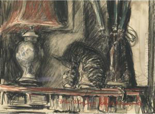 Cat Sitting In Front Of A Window; Cat On Atable Oil Painting by John Alonzo Williiams