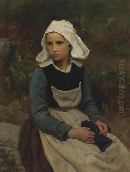 Young Brittany Girl Knitting Oil Painting by Jules Breton