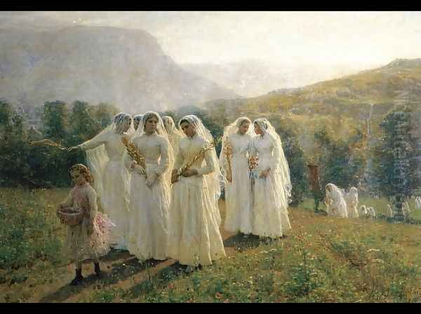 Young Women Going To A Procession Oil Painting by Jules Breton