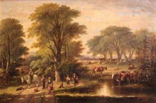 A Rural Landscape With Cattle Watering And Figures Along A Track Oil Painting by A.V. Willis