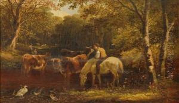 Horse And Rider And Cattle At A Forest Stream Oil Painting by Edmund Aylburton Willis