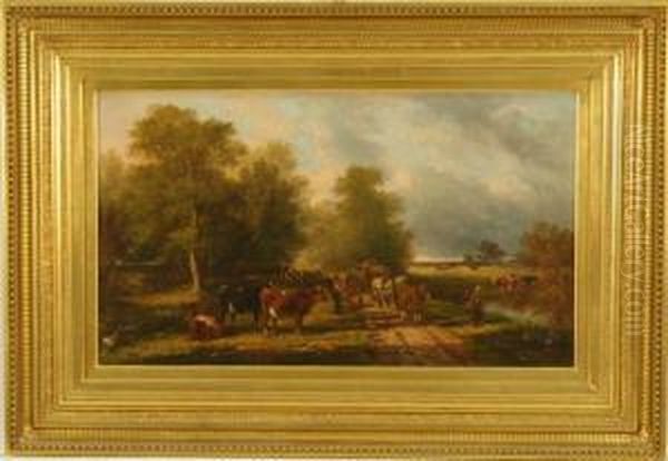 Roadside Landscape With Cattle In A Meadow And Numerous Figures Near A Hay Wagon Oil Painting by Edmund Aylburton Willis